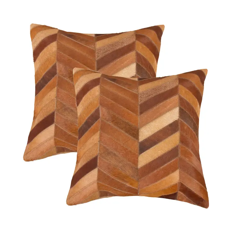 Set of Two 18" Tan Chevron Cowhide Throw Pillows
