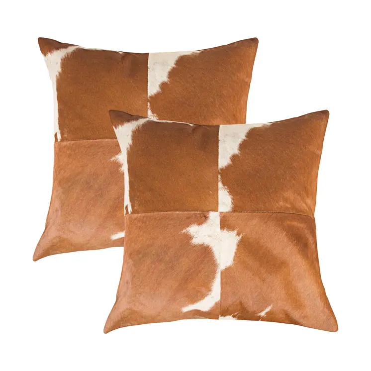 Set of Two 18" Brown and White Cowhide Cowhide Throw Pillows