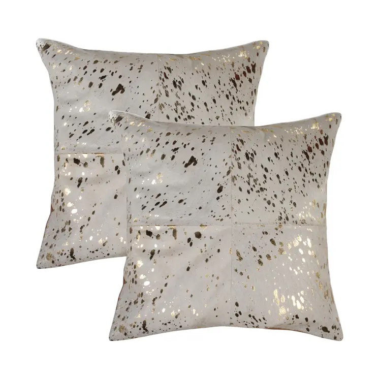 Set of Two 18" Natural and Gold Abstract Cowhide Throw Pillows with Glitter