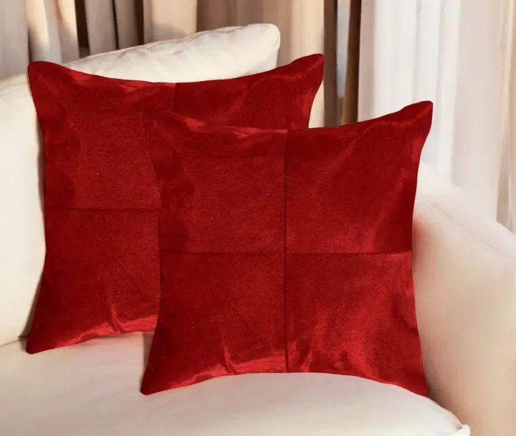 Set of Two 18" Red Cowhide Throw Pillows