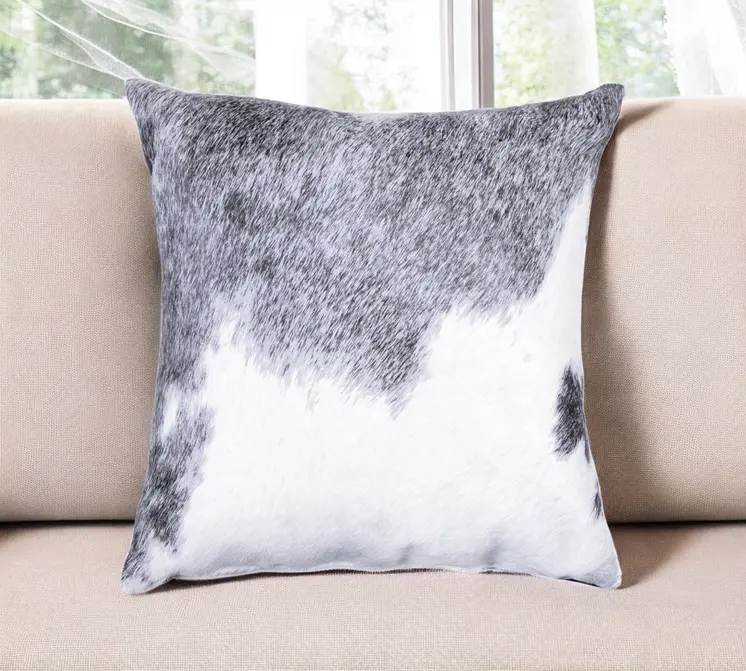 18" Gray and White Cowhide Throw Pillow