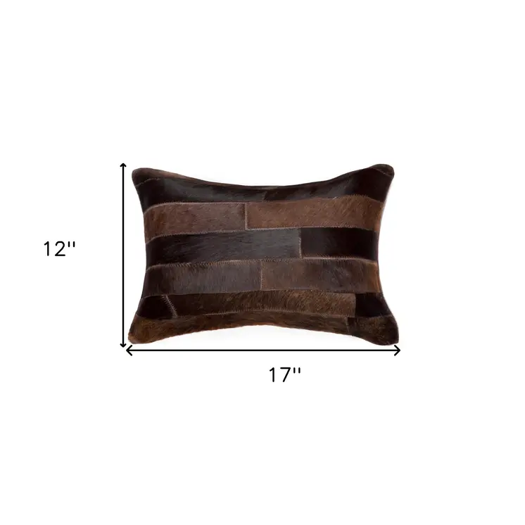 12" X 20" Chocolate Patchwork Cowhide Lumbar Throw Pillow