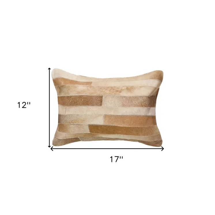 12" X 20" Tan Patchwork Cowhide Lumbar Throw Pillow