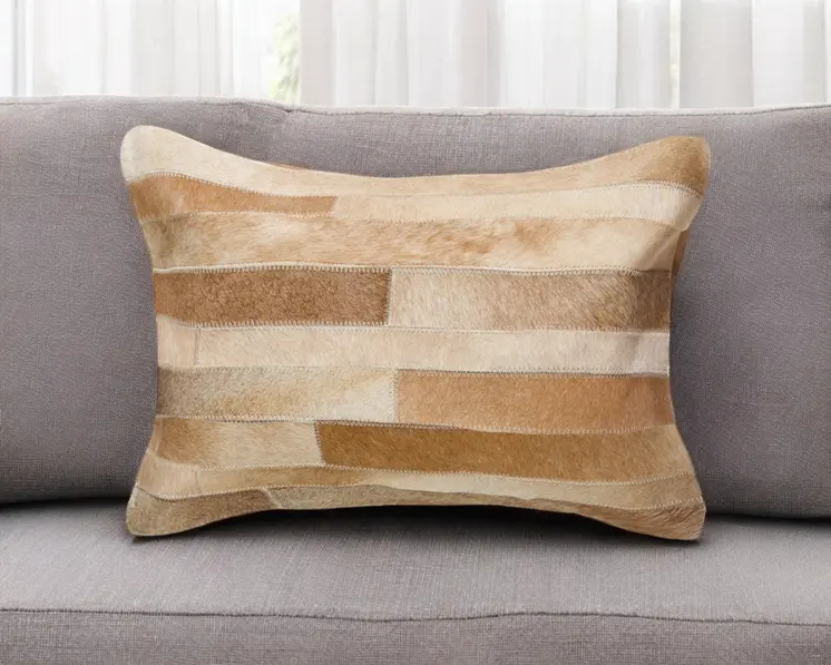 12" X 20" Tan Patchwork Cowhide Lumbar Throw Pillow