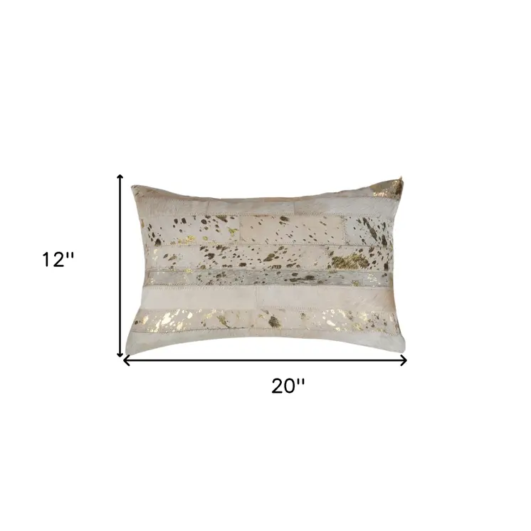 Set of Two 12" X 20" Natural and Gold Patchwork Cowhide Lumbar Throw Pillows with Glitter