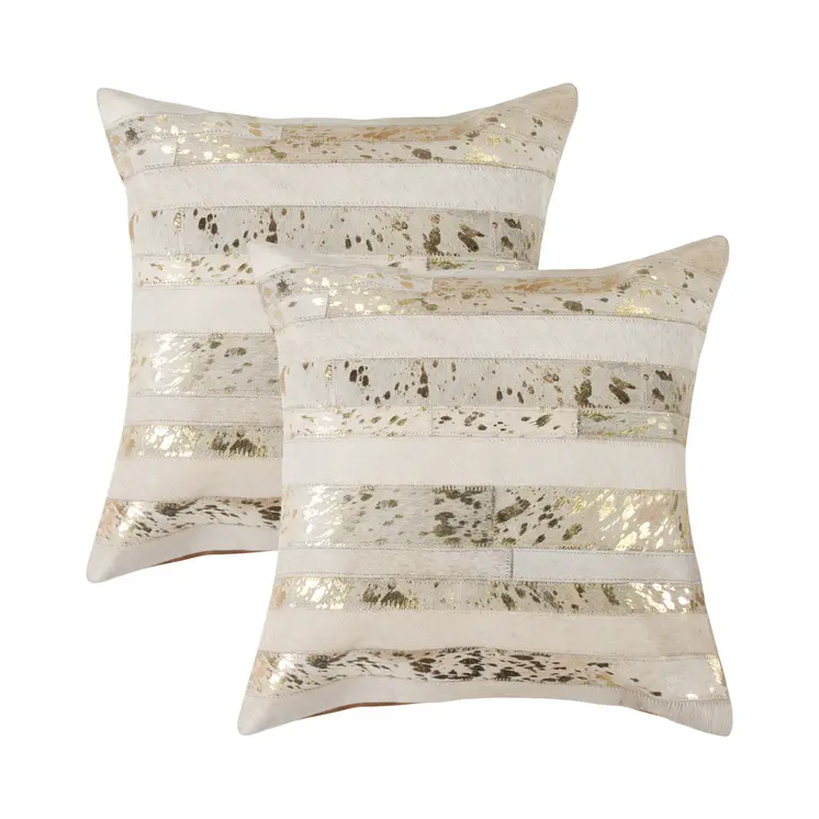 Set of Two 18" Natural and Gold Striped Cowhide Throw Pillows with Glitter