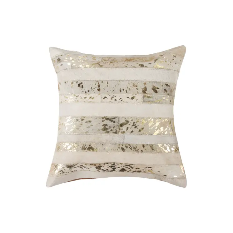 Set of Two 18" Natural and Gold Striped Cowhide Throw Pillows with Glitter