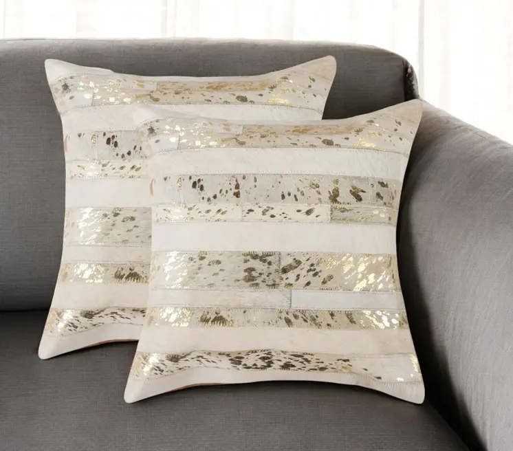 Set of Two 18" Natural and Gold Striped Cowhide Throw Pillows with Glitter