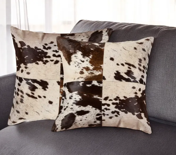 Set of Two 18" Chocolate and White Cowhide Cowhide Throw Pillows