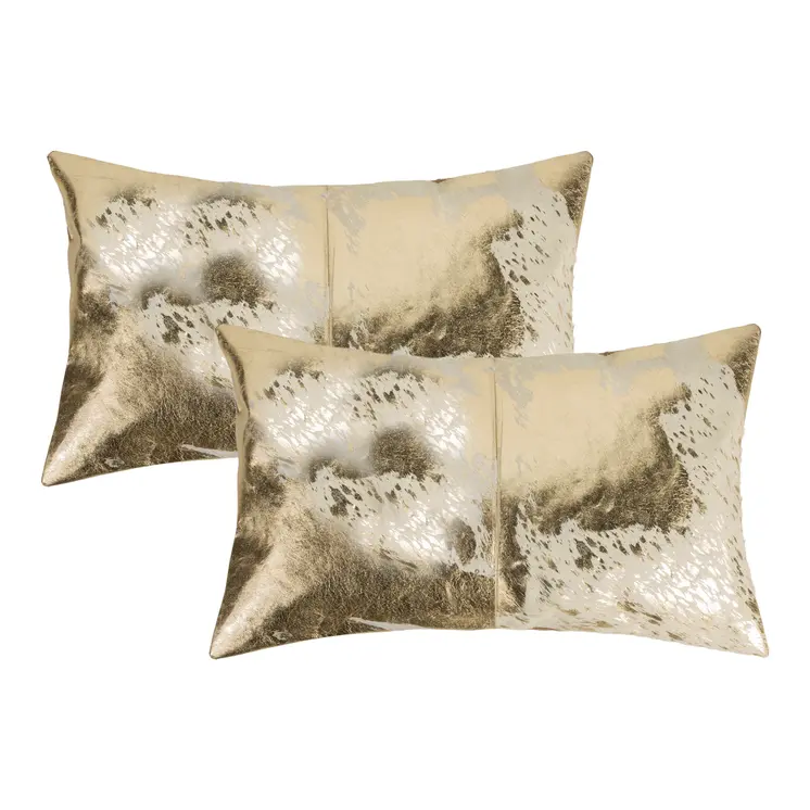 Set of Two 12" X 20" Natural And Gold Lumbar Cowhide Throw Pillows