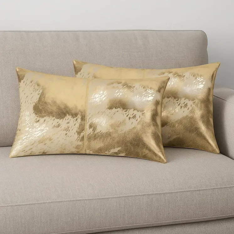 Set of Two 12" X 20" Natural And Gold Lumbar Cowhide Throw Pillows