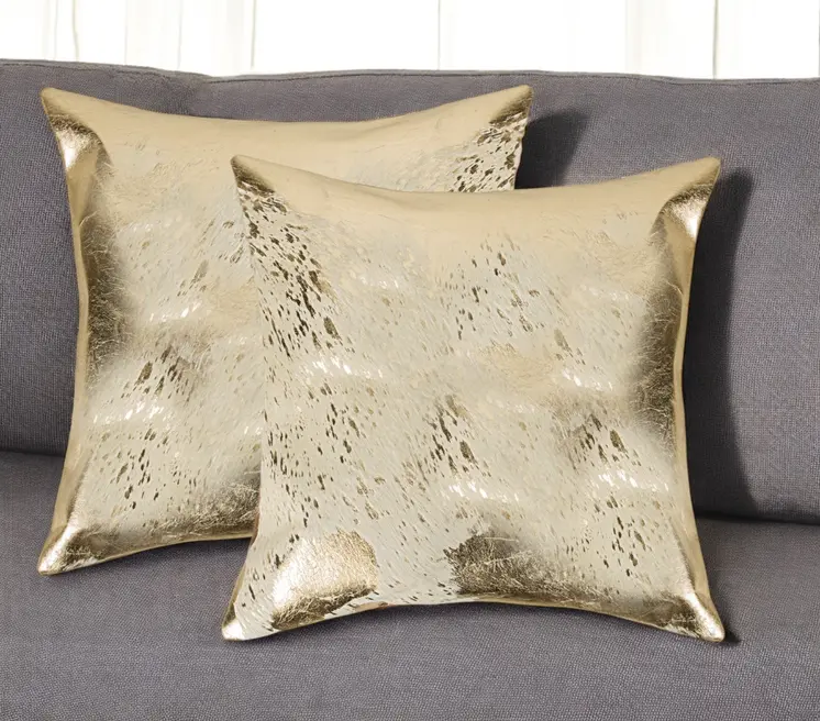 Set of Two 18" Natural and Gold Abstract Cowhide Throw Pillows with Glitter