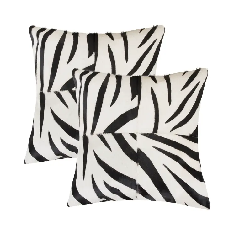 Set of Two 18" White and Black Zebra Cowhide Throw Pillows