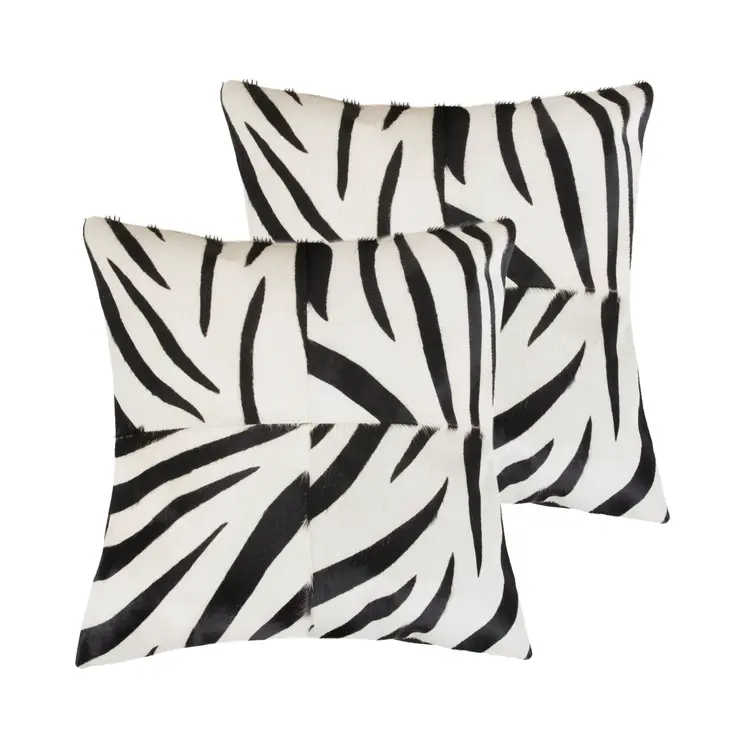 Set of Two 18" White and Black Zebra Cowhide Throw Pillows