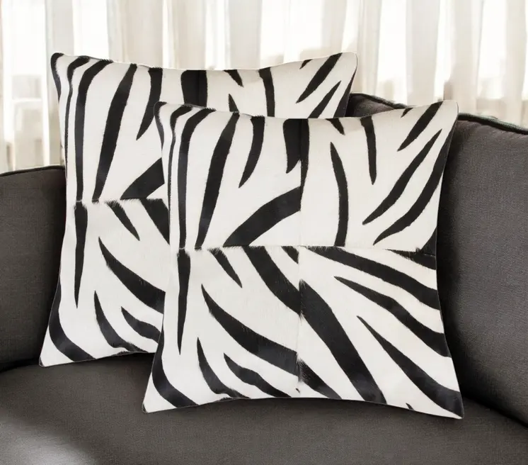 Set of Two 18" White and Black Zebra Cowhide Throw Pillows