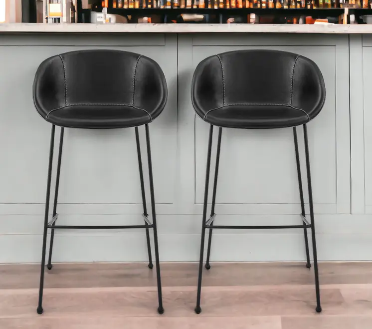 Set of Two 30" Black Faux Leather and Steel Low Back Bar Height Bar Chairs