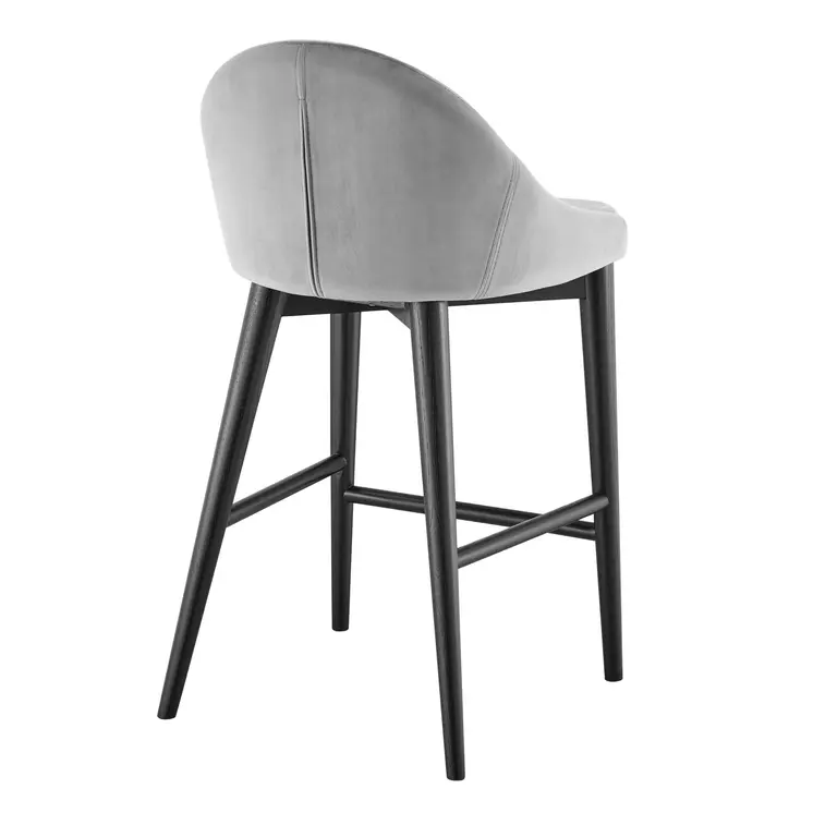 26" Gray and Black Velvet and Solid Wood Low Back Counter Height Bar Chair