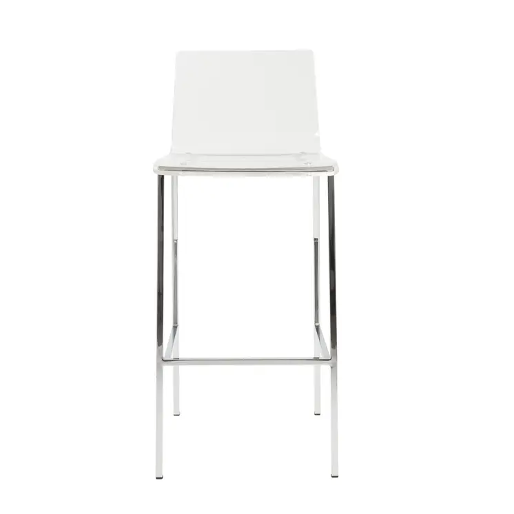 Set of Two 30" Clear And Silver Acrylic And Steel Low Back Bar Height Bar Chairs