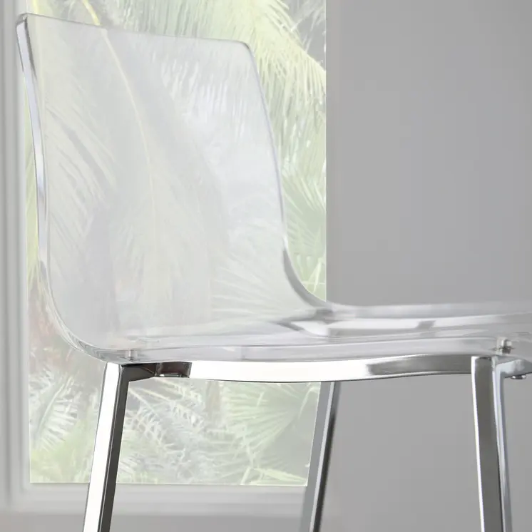 Set of Two 30" Clear And Silver Acrylic And Steel Low Back Bar Height Bar Chairs