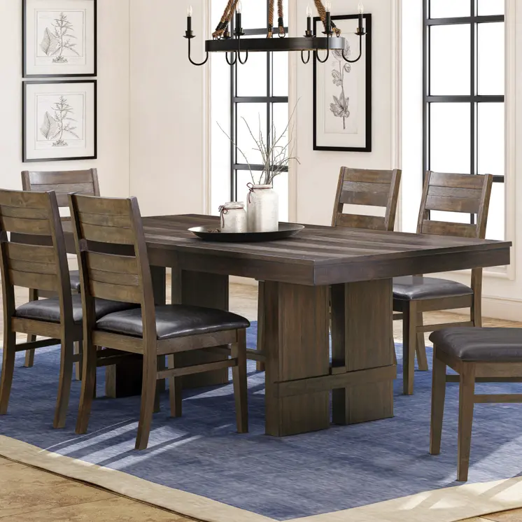 84" Dark Brown Wood Self-Storing Leaf Trestle Base Extension Dining Table