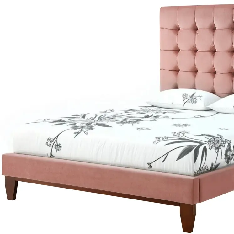 Blush Solid Wood Queen Tufted Upholstered Velvet Bed