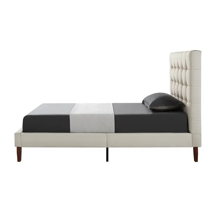 Beige Solid Wood Twin Tufted Upholstered Linen Bed Frame