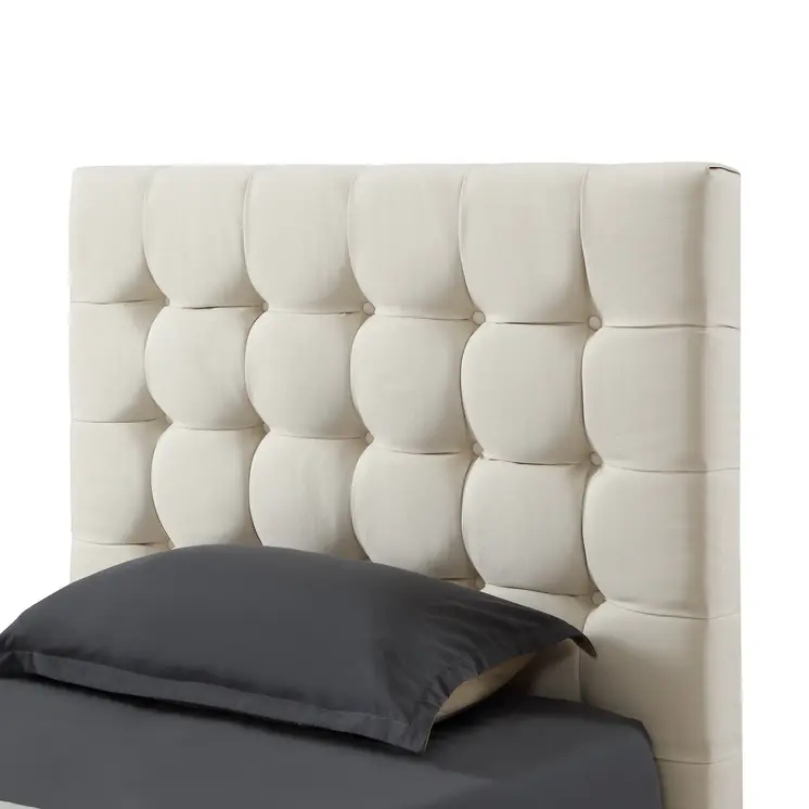Beige Solid Wood Twin Tufted Upholstered Linen Bed Frame