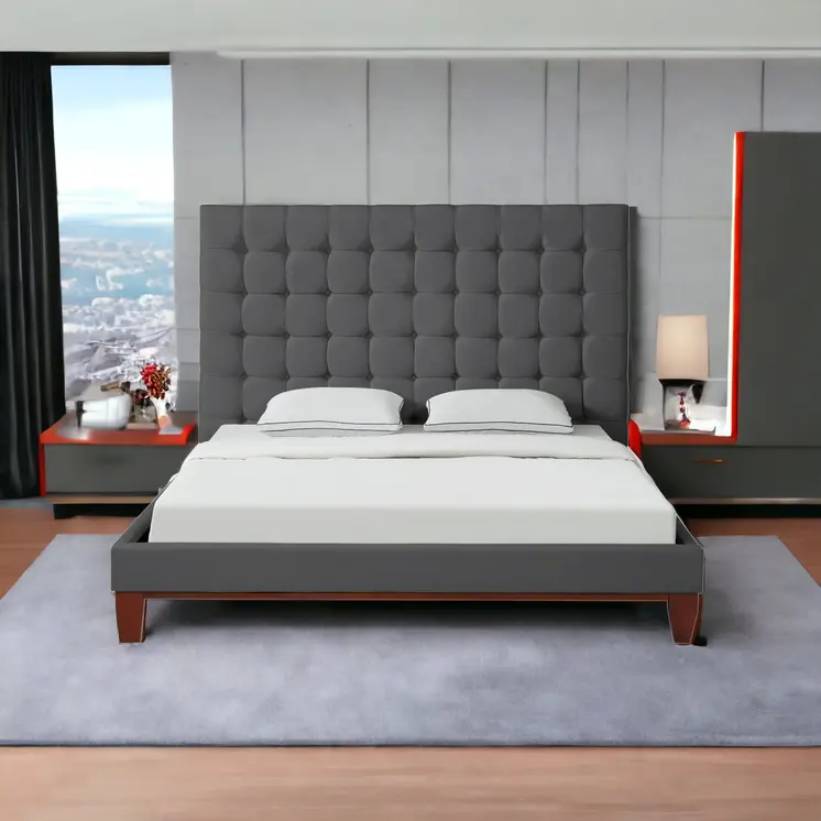 Gray Solid Wood Queen Tufted Upholstered Linen Bed