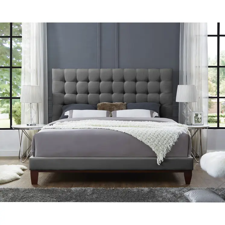 Gray Solid Wood Queen Tufted Upholstered Linen Bed