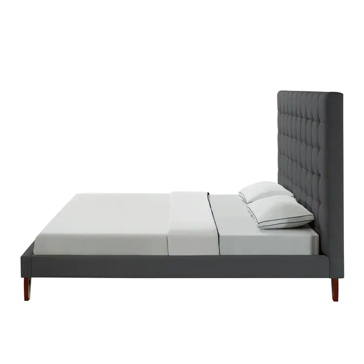 Gray Solid Wood Queen Tufted Upholstered Linen Bed