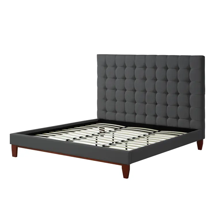 Gray Solid Wood Queen Tufted Upholstered Linen Bed