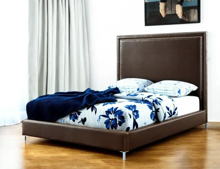 Espresso Solid Wood King Upholstered Faux Leather Bed with Nailhead Trim