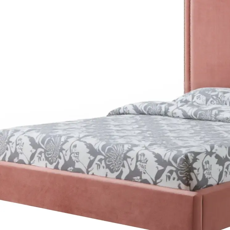 Blush Solid Wood Queen Upholstered Velvet Bed with Nailhead Trim