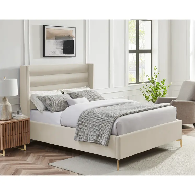 Cream Velvet Upholstered Queen Bed Frame