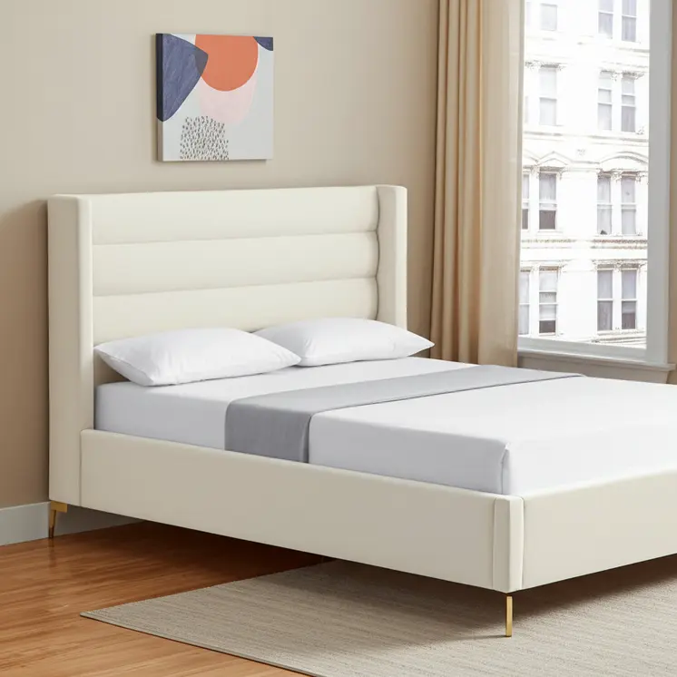 Cream Velvet Upholstered Queen Bed Frame