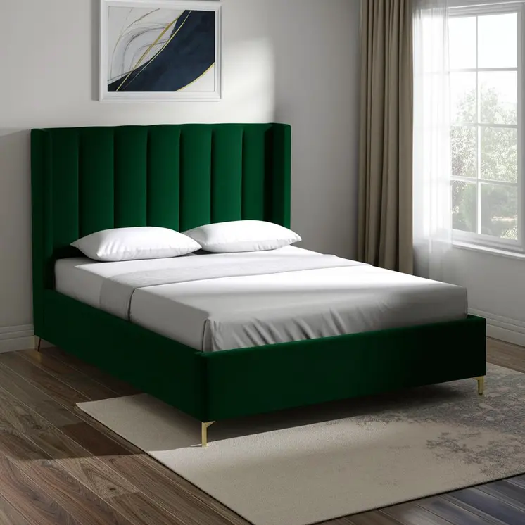 Green Velvet Upholstered Queen Bed Frame
