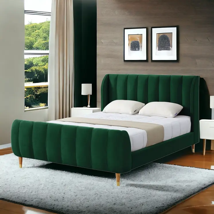 Hunter Green Solid Wood King Tufted Upholstered Velvet Bed Frame