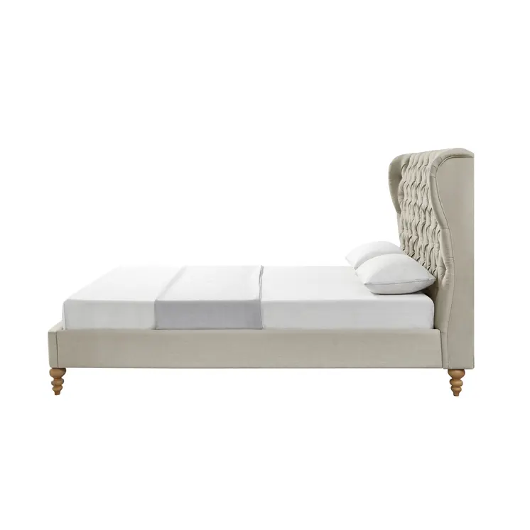 Beige Solid Wood Queen Tufted Upholstered Linen Bed