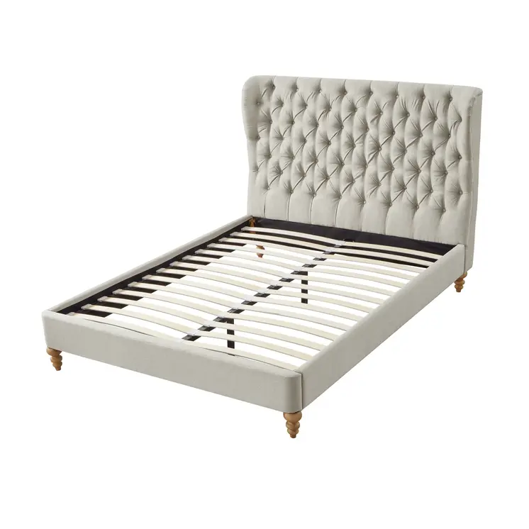 Beige Solid Wood Queen Tufted Upholstered Linen Bed