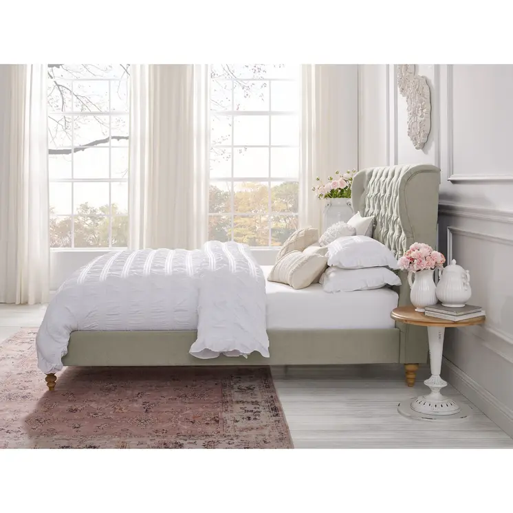 Beige Solid Wood Queen Tufted Upholstered Linen Bed