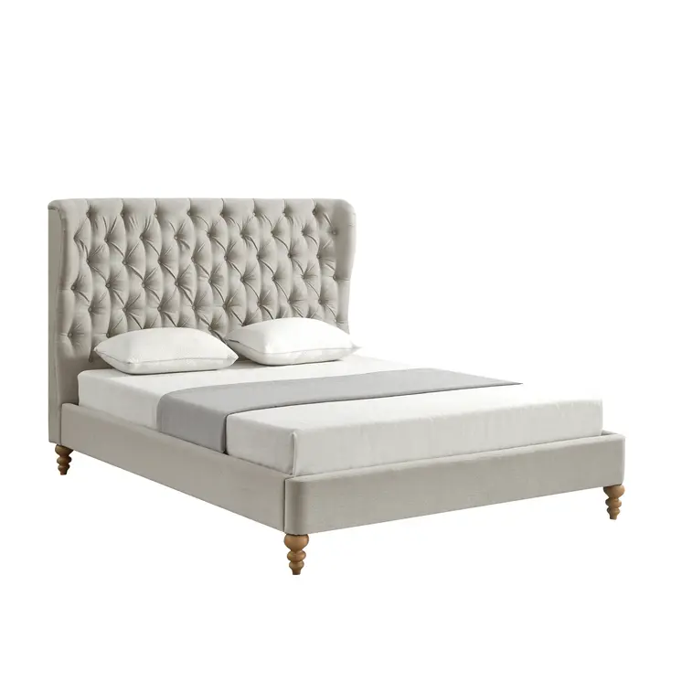 Beige Solid Wood Queen Tufted Upholstered Linen Bed