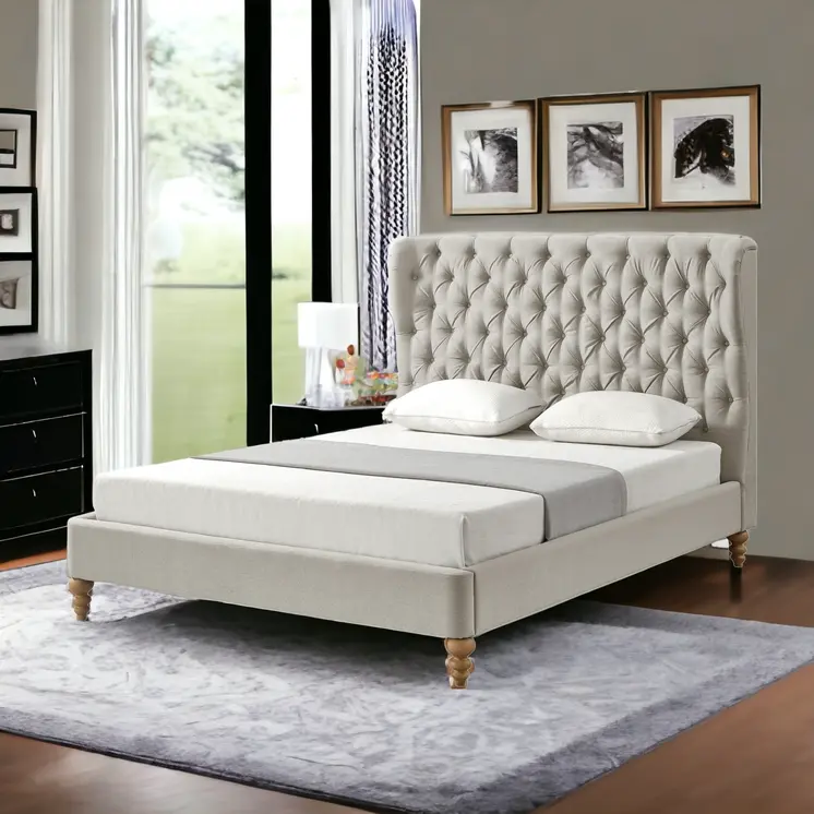 Beige Solid Wood Queen Tufted Upholstered Linen Bed