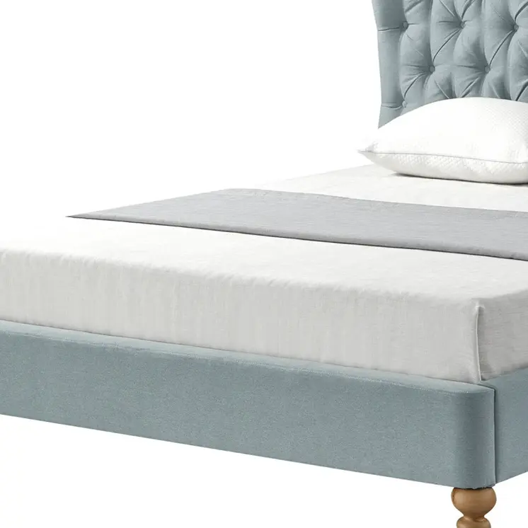 Blue Solid Wood King Tufted Upholstered Linen Bed