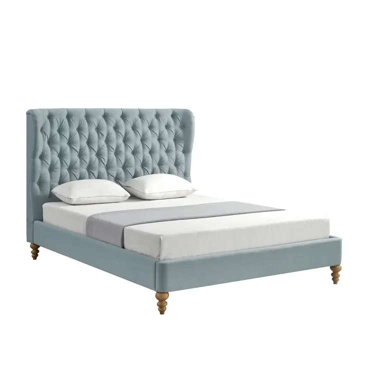 Blue Solid Wood King Tufted Upholstered Linen Bed