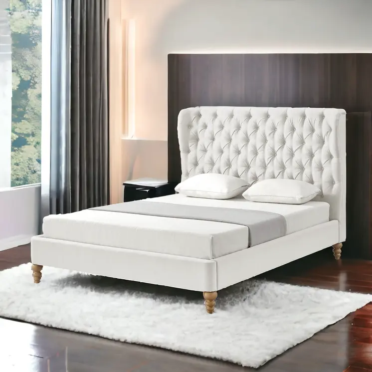 Cream Solid Wood King Tufted Upholstered Linen Bed
