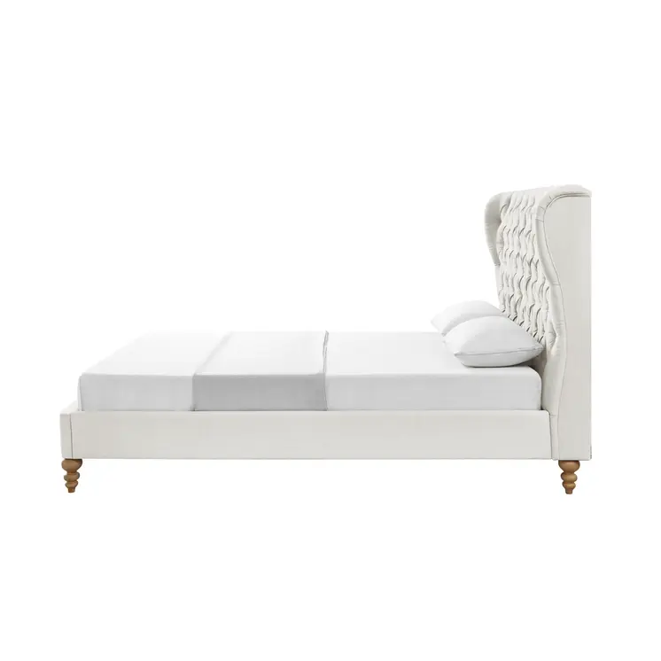Cream Solid Wood Queen Tufted Upholstered Linen Bed