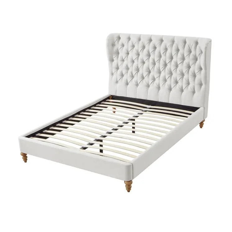 Cream Solid Wood Queen Tufted Upholstered Linen Bed