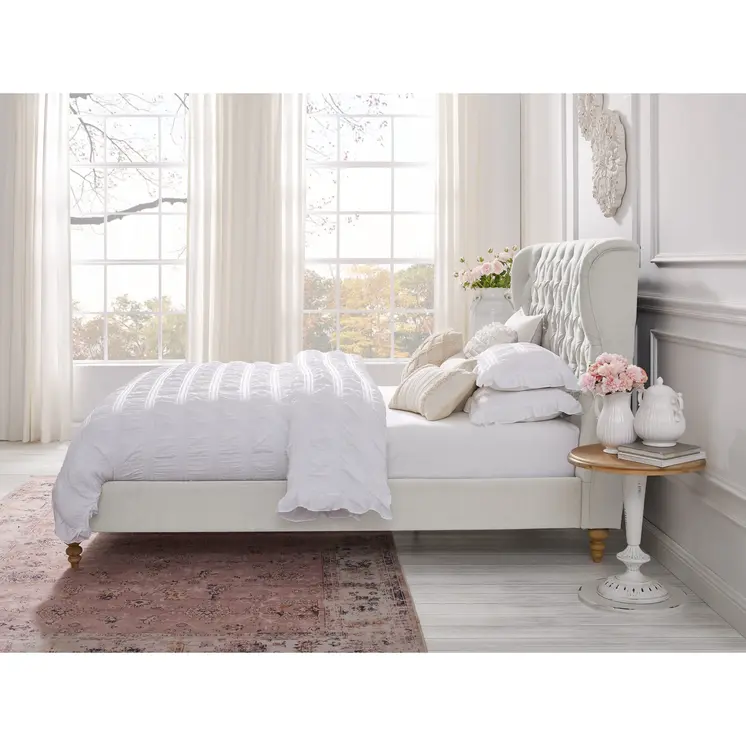 Cream Solid Wood Queen Tufted Upholstered Linen Bed