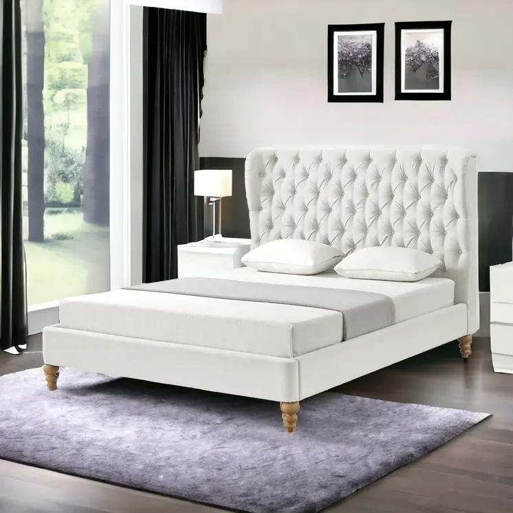 Cream Solid Wood Queen Tufted Upholstered Linen Bed