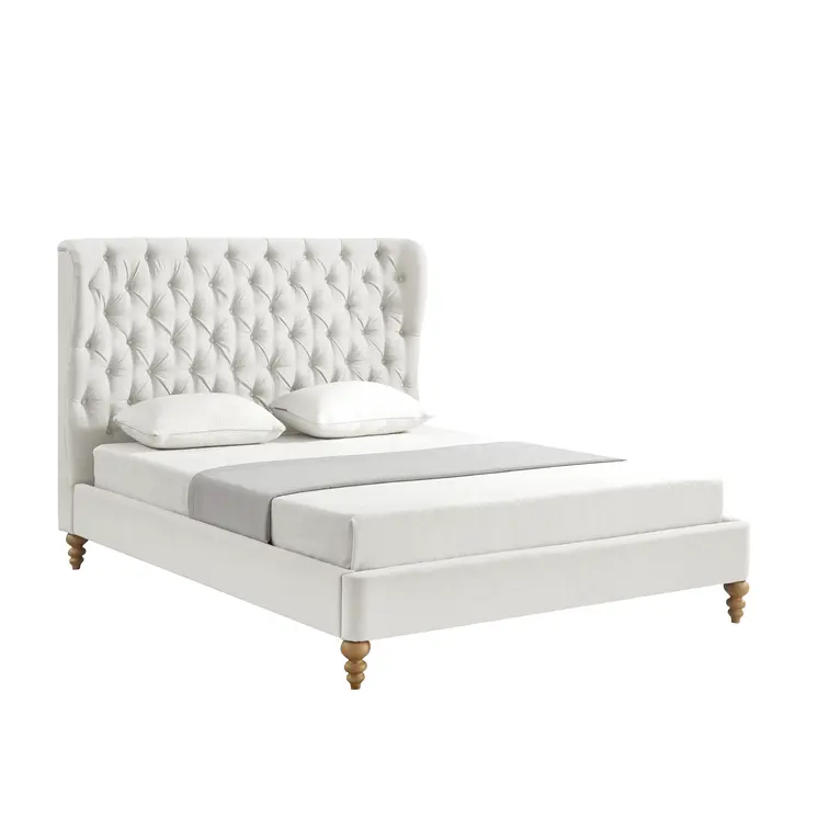 Cream Solid Wood Twin Tufted Upholstered Linen Bed